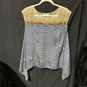 ANTHROPOLOGIE Floreat Blue White Design Gold Embroidered Sequin Tank‎ / Size S
